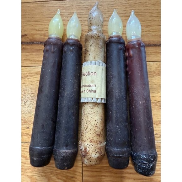 Set of 5 LED Taper Flicker Candles Beige/Dark Brown AA Batteries 6” - Picture 1 of 8